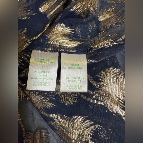 LILLY PULITZER  Sheer BECCER Silk Navy blouse with Gold palm tree design size M - Picture 12 of 16